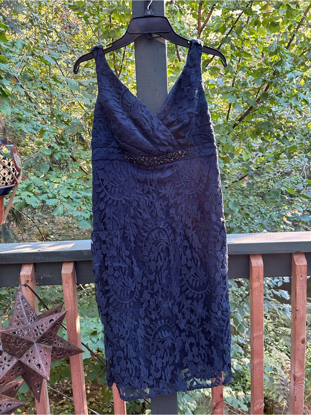 Adrianna Papell Navy Lace V-Neck Sheath Dress